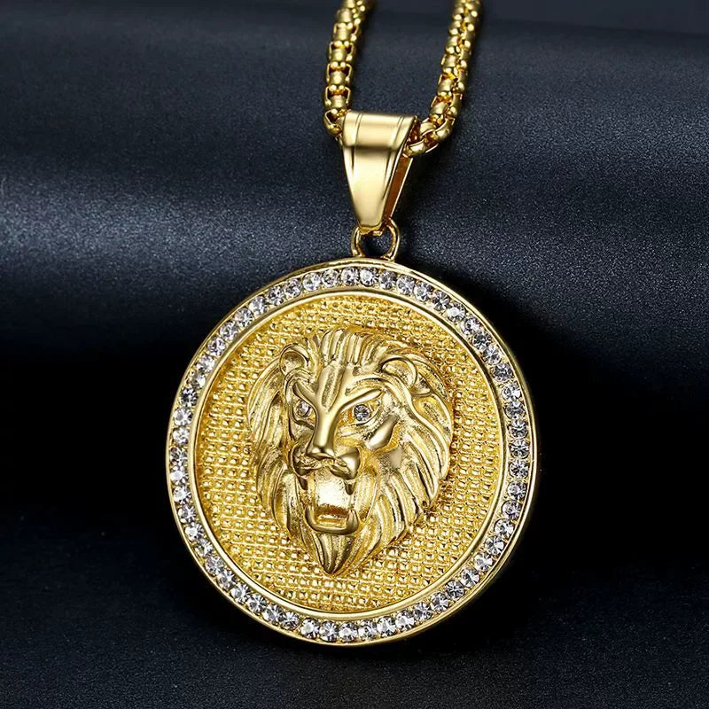 Gold Lion Head Cubic Zirconia Pendant Necklace