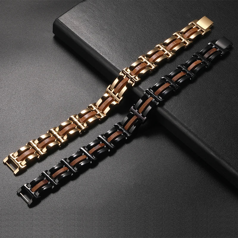 Men's Stainless Steel and Wood Link Bracelet