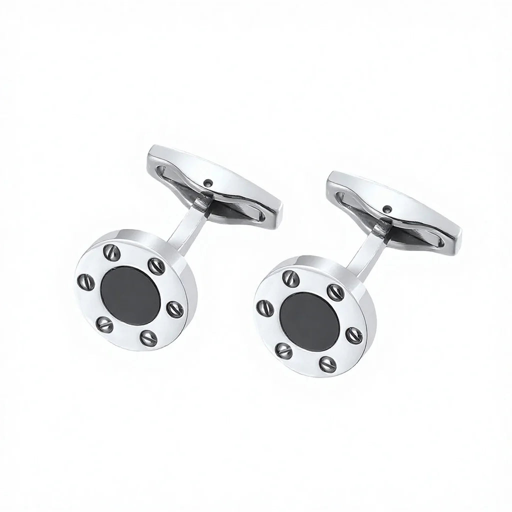 Men's Vintage Screw Detail Round Black Cufflinks