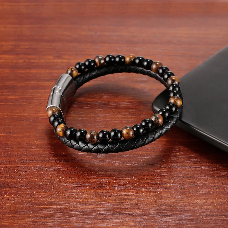 Beaded Tiger Eye Leather Bracelet