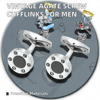 Men's Vintage Screw Detail Round Black Cufflinks