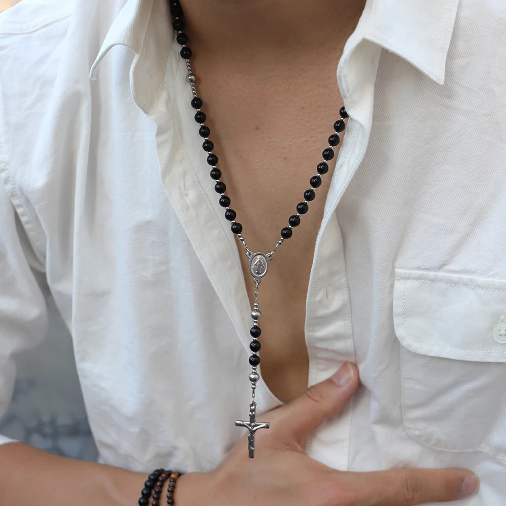 Silver-Tone Agate Cross Necklace