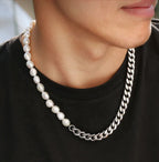 Half Pearl Half Cuban Link Chain Necklace