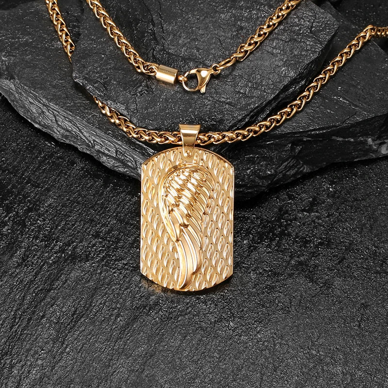 Gold Winged Dog Tag Stainless Steel Necklace