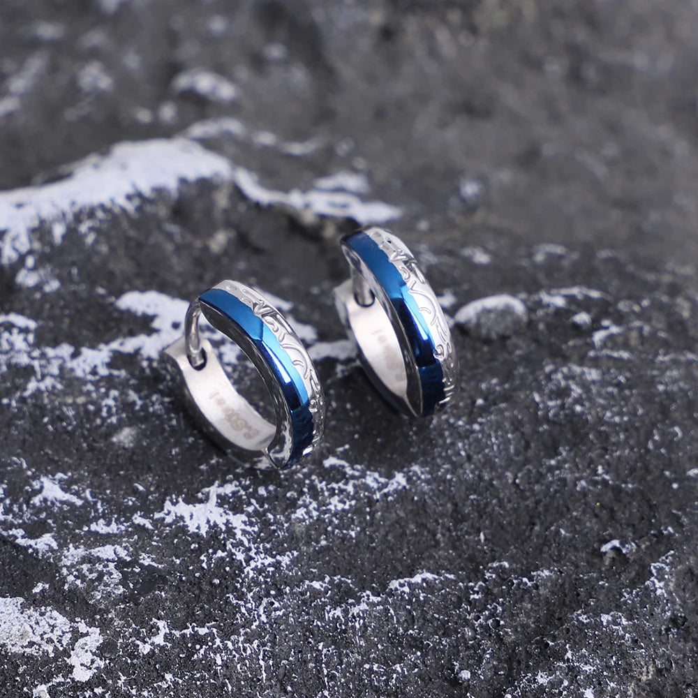 Men's Engraved Blue Inlay Huggie Hoop Earrings
