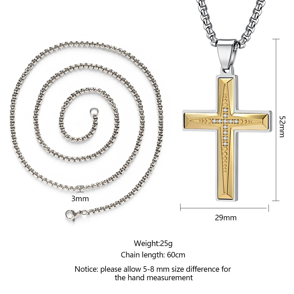 Men's Two-Tone Zircon Inlaid Cross Necklace