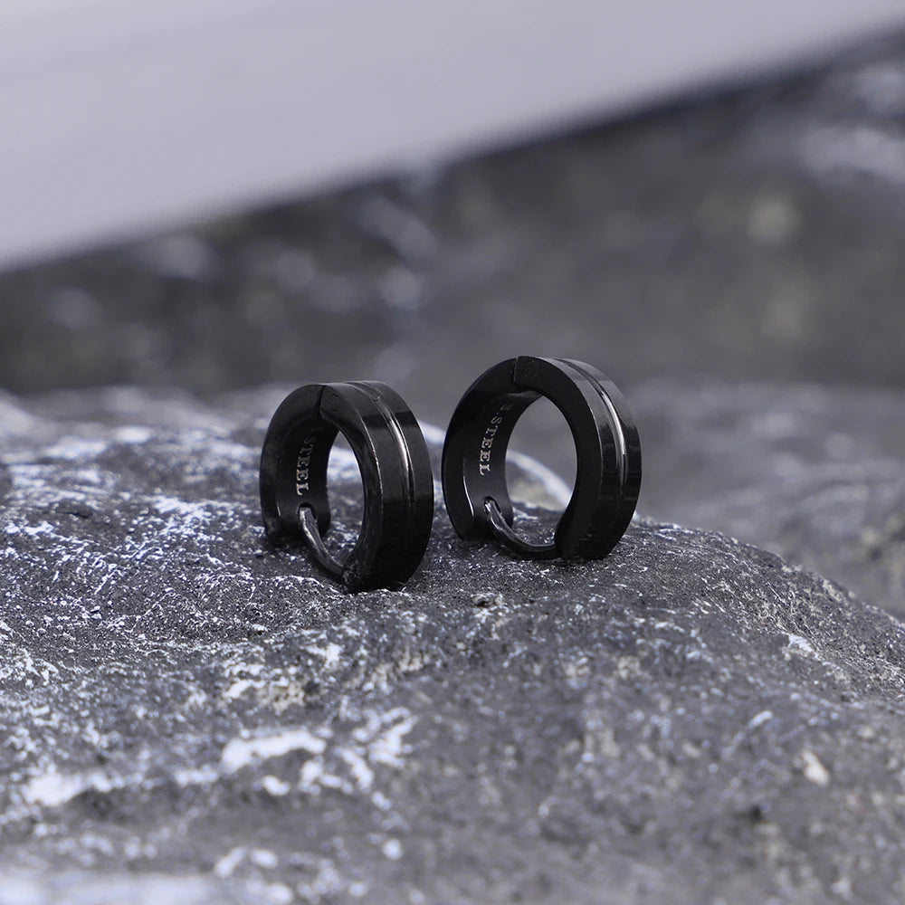 Men's Black Steel Hoop Stud Earrings