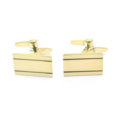 Pair of polished gold-plated men's cufflinks with a rectangular face and striped texture