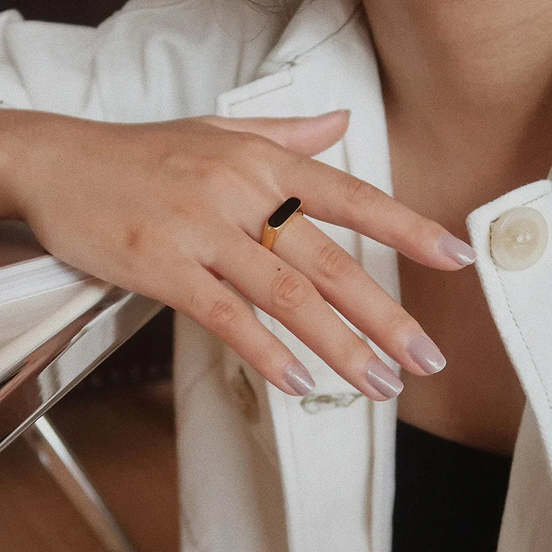 Gold Plated Signet Ring with Black/White Inlay