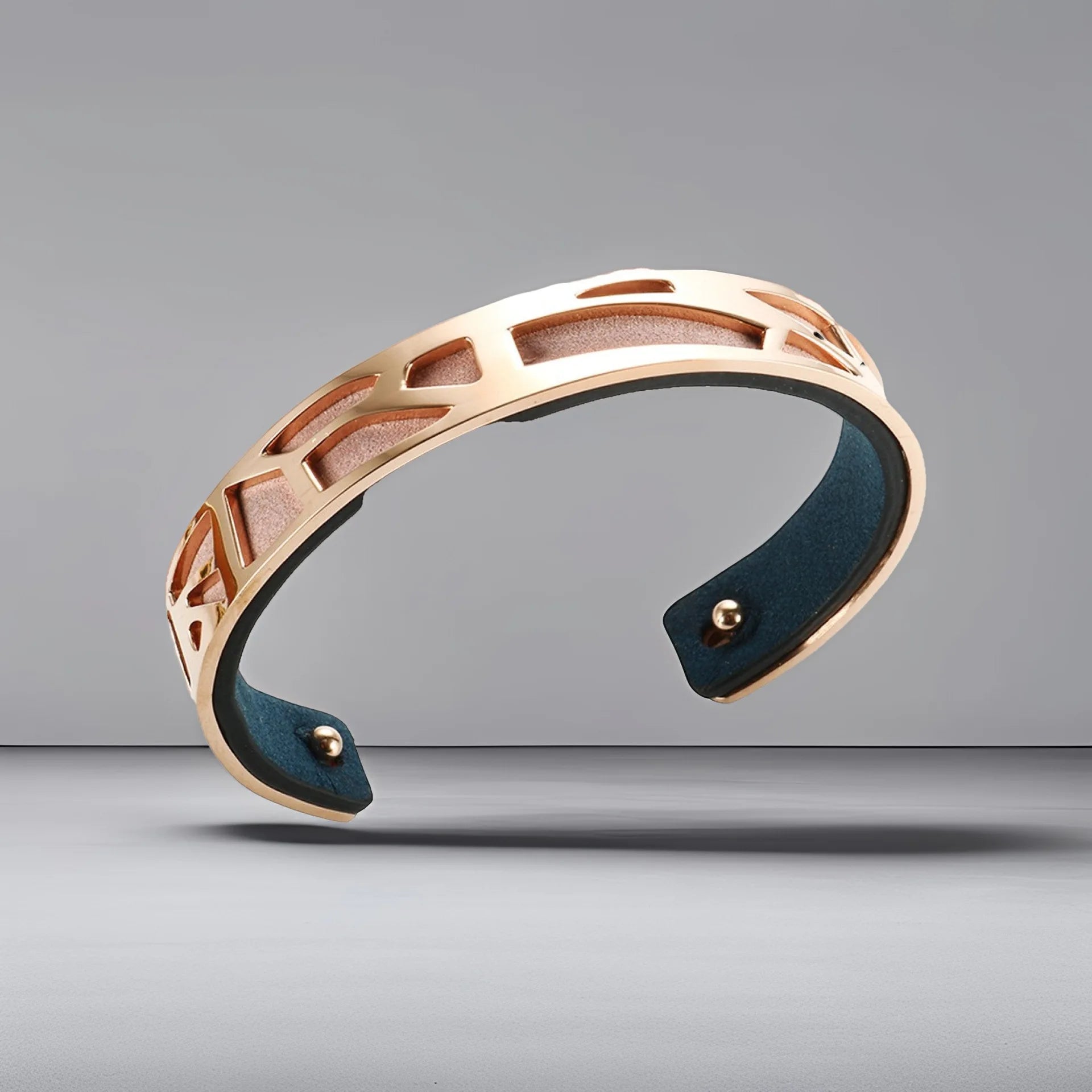 Geometric Steel Cuff Bracelet with Leather Inlay