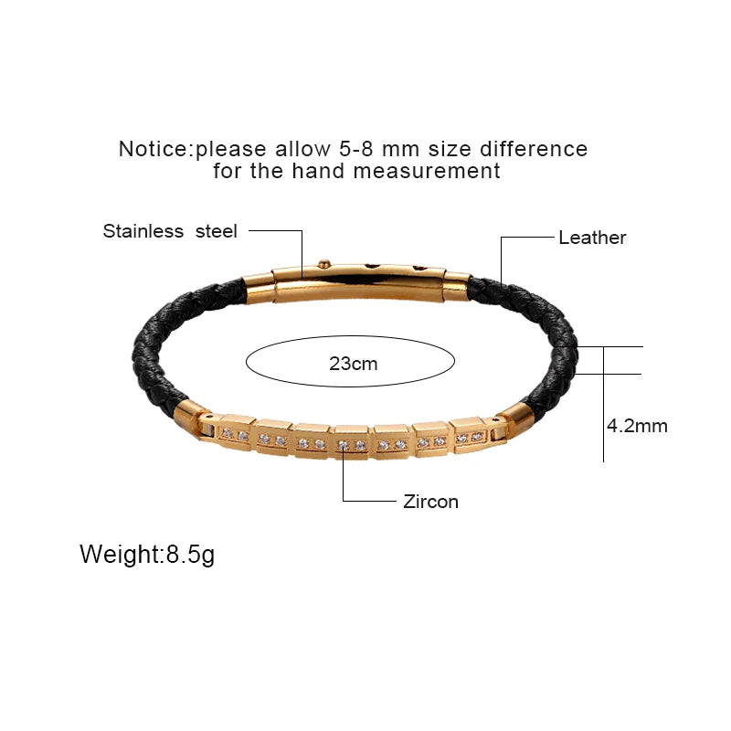 Men's Gold-Plated Braided Leather Cubic Zirconia Bracelet