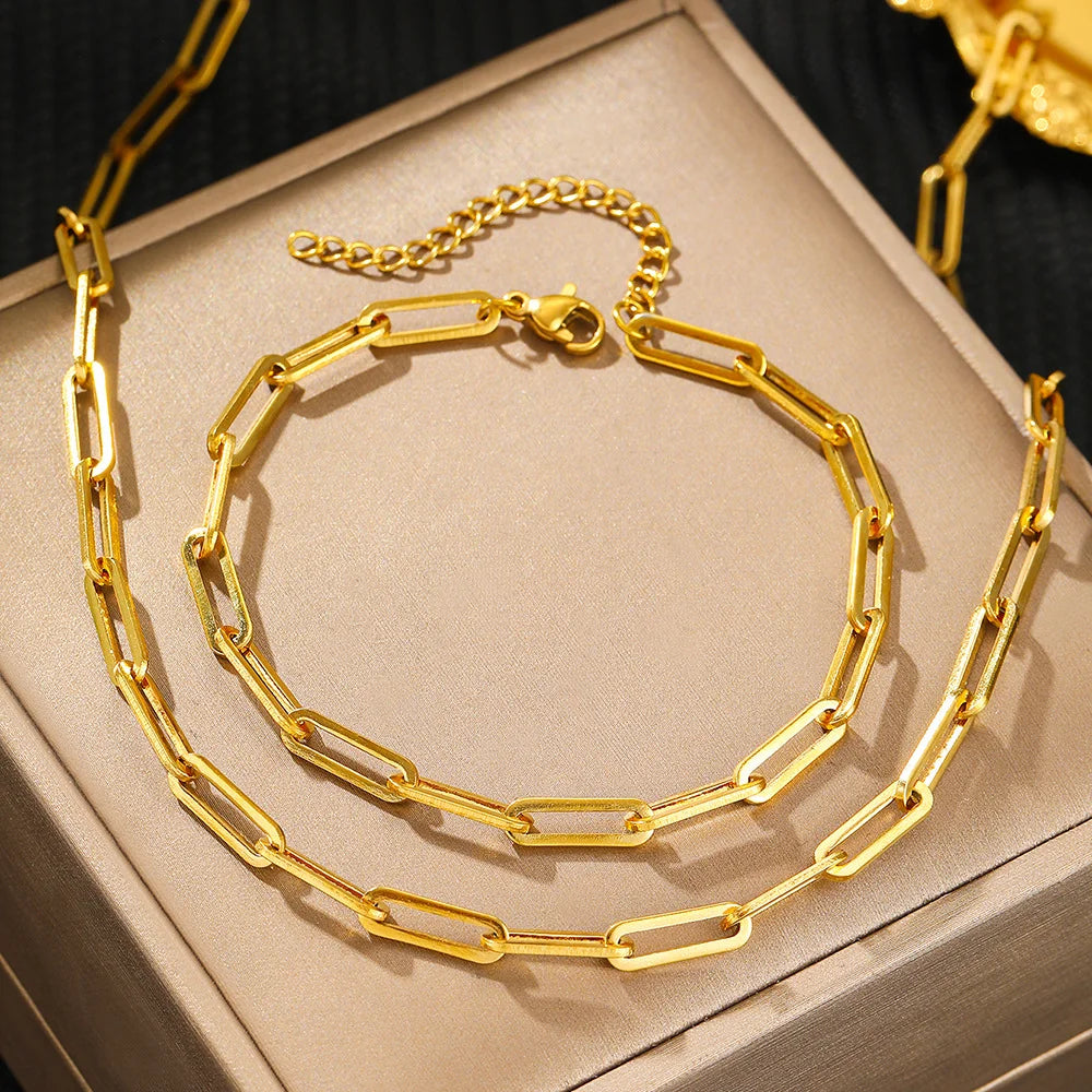 Paperclip Link Chain Necklace Bracelet Jewelry Set