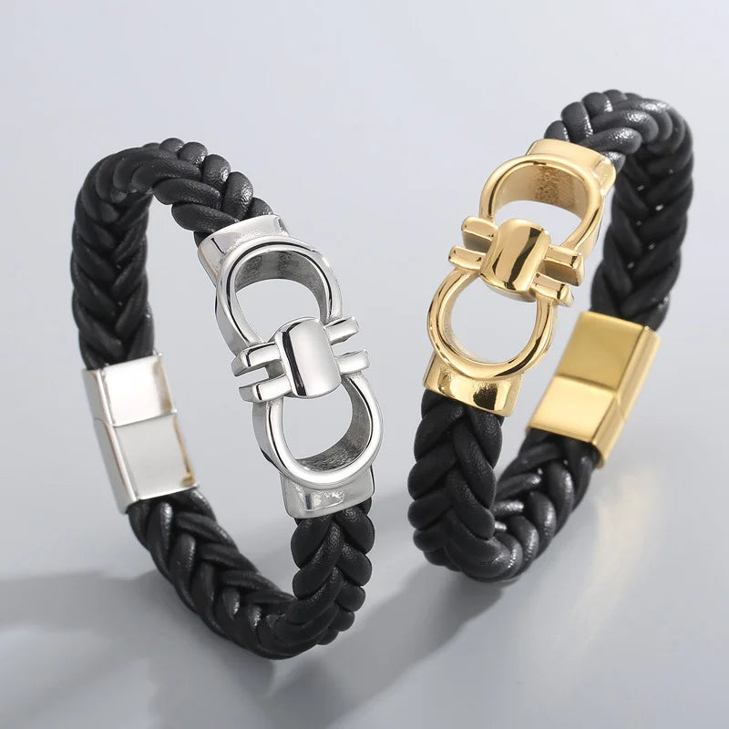 Men's Braided Leather Double D Magnetic Bracelet
