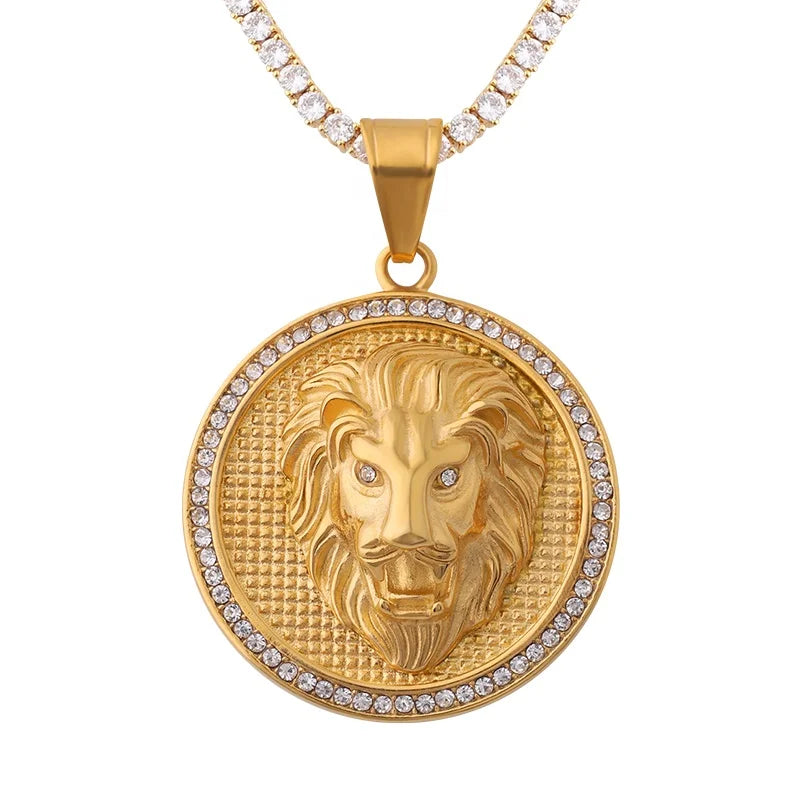 Gold Lion Head Cubic Zirconia Pendant Necklace