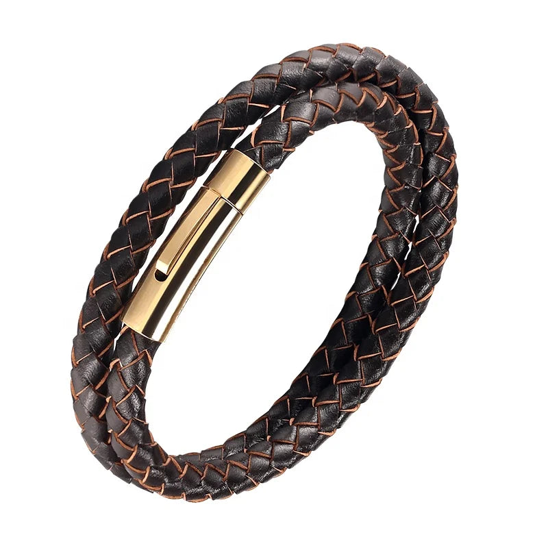 Men's Double Wrap Braided Leather Bracelet