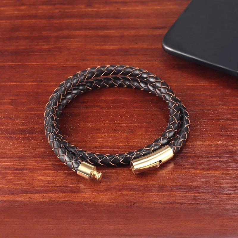 Men's Double Wrap Braided Leather Bracelet