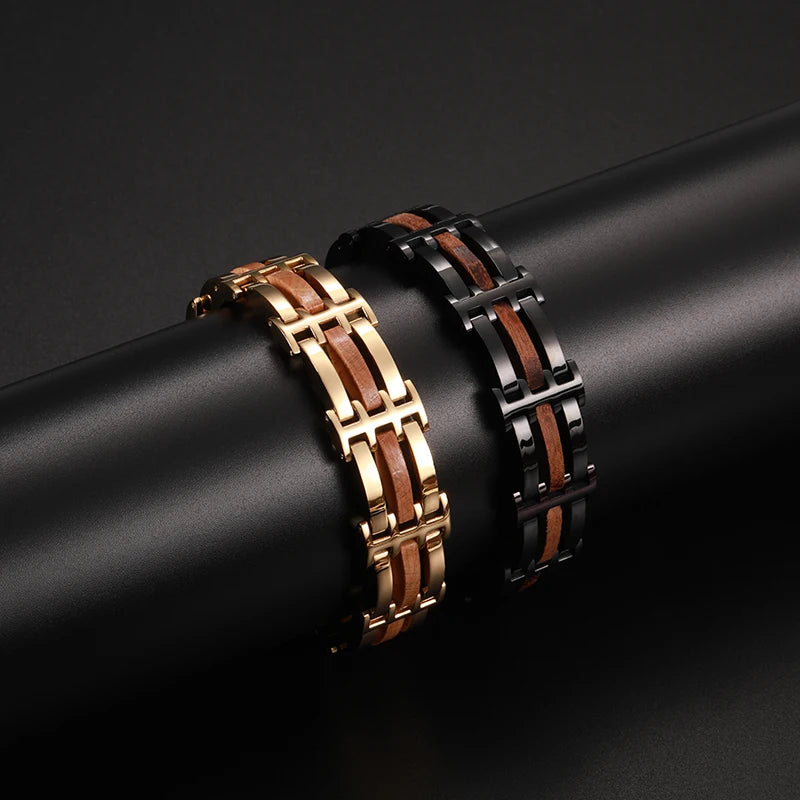 Men's Stainless Steel and Wood Link Bracelet