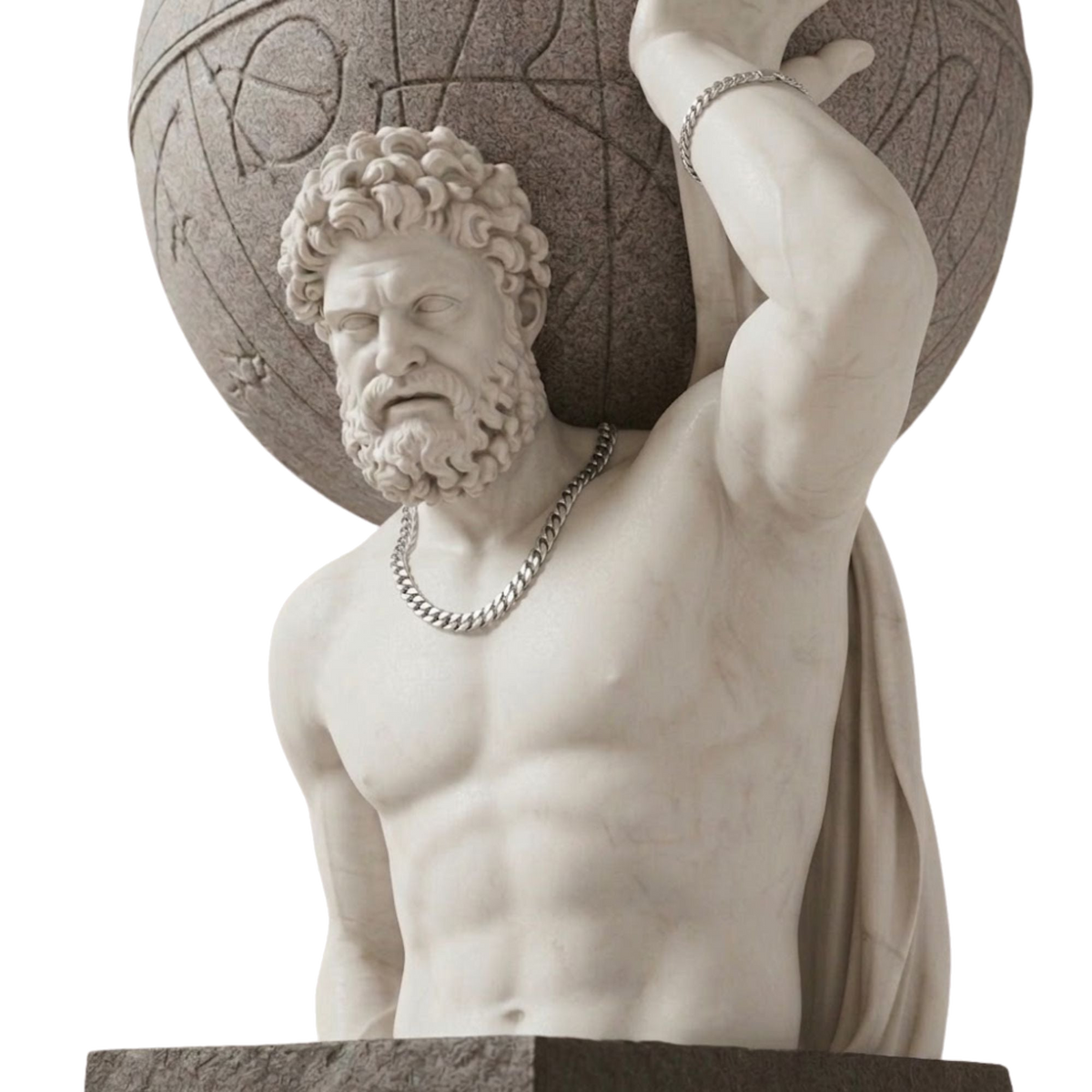 Marble statue of Atlas holding a celestial sphere, wearing a stainless steel curb chain necklace and bracelet