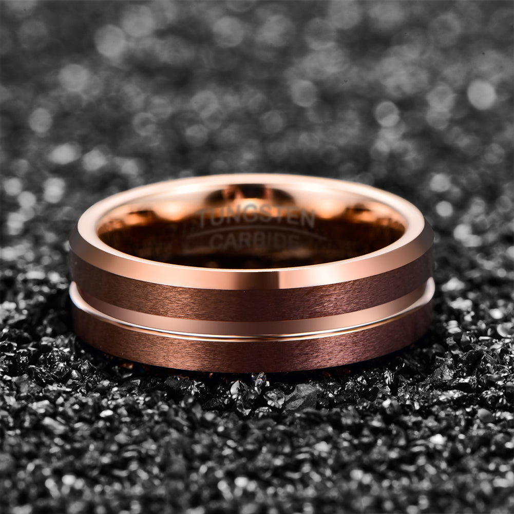 Rose Gold Brushed Groove Tungsten Ring - men's band view 4