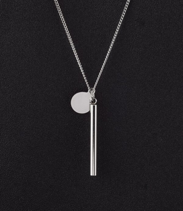 Stainless Steel Bar Disc Pendant Necklace on a black background