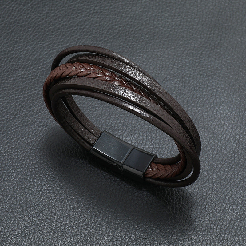 Multi-Strand Braided Leather Bracelet black color magnetic clasp view 3
