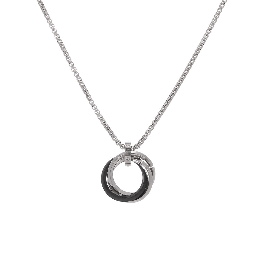 Titanium Steel Geometric Interlocking Ring Pendant Necklace, black and silver rings