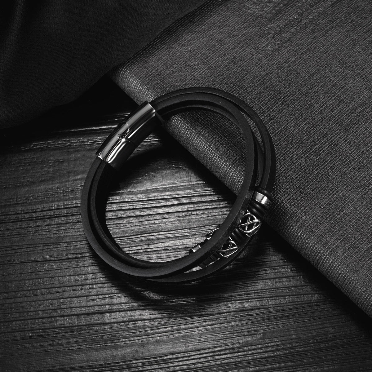 Multi-Strand Leather Knotwork Bracelet with silver-tone metal details and magnetic clasp view 2