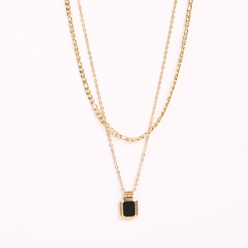 Layered Figaro Chain Square Pendant Necklace with black stone