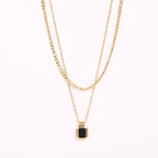 Layered Figaro Chain Square Pendant Necklace with black stone
