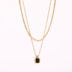 Layered Figaro Chain Square Pendant Necklace with black stone