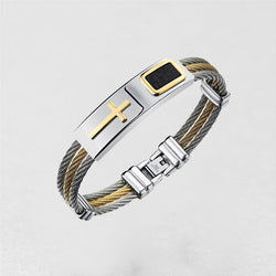 Titanium Steel Cable Cross Bracelet with silver finish and black inlay view 4
