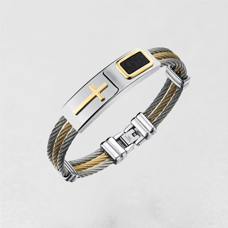 Titanium Steel Cable Cross Bracelet with silver finish and black inlay view 4