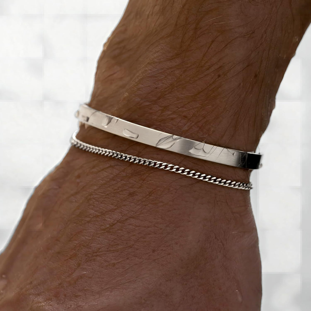 Stainless Steel Cuff and Curb Chain Bracelet Set in silver tone with etched details