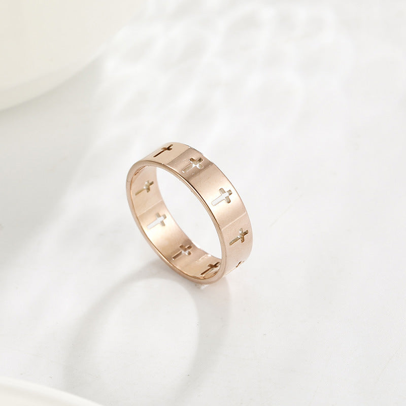 Hollow Cross Stainless Steel Band Ring - silver, cross pattern, minimalist view 3