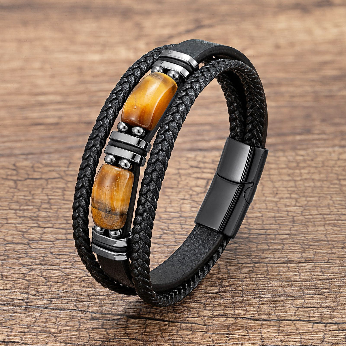 The Multi-Strand Leather and Tiger Eye Bracelet, view 3
