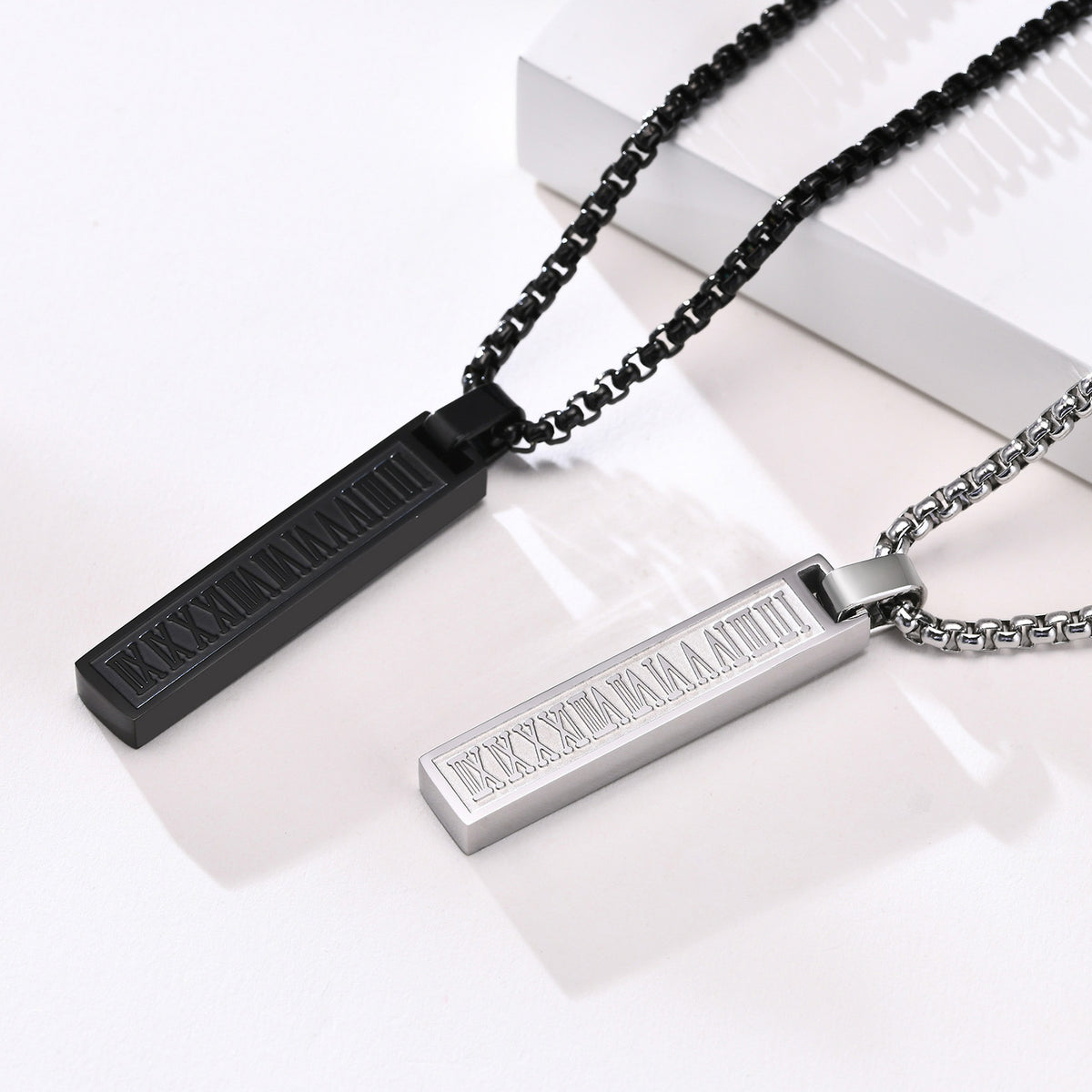Titanium Steel Roman Numeral Bar Necklace in black and silver-tone