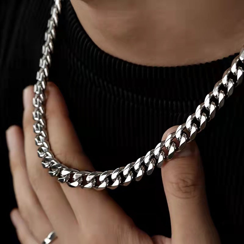 Titanium Steel Cuban Link Chain, silver, on neck view 2