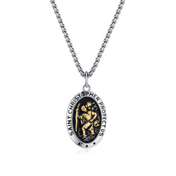 Saint Christopher Oval Pendant Necklace on a chain, silver and gold-tone