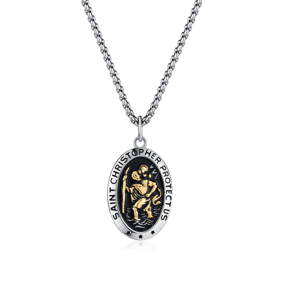 Saint Christopher Oval Pendant Necklace on a chain, silver and gold-tone
