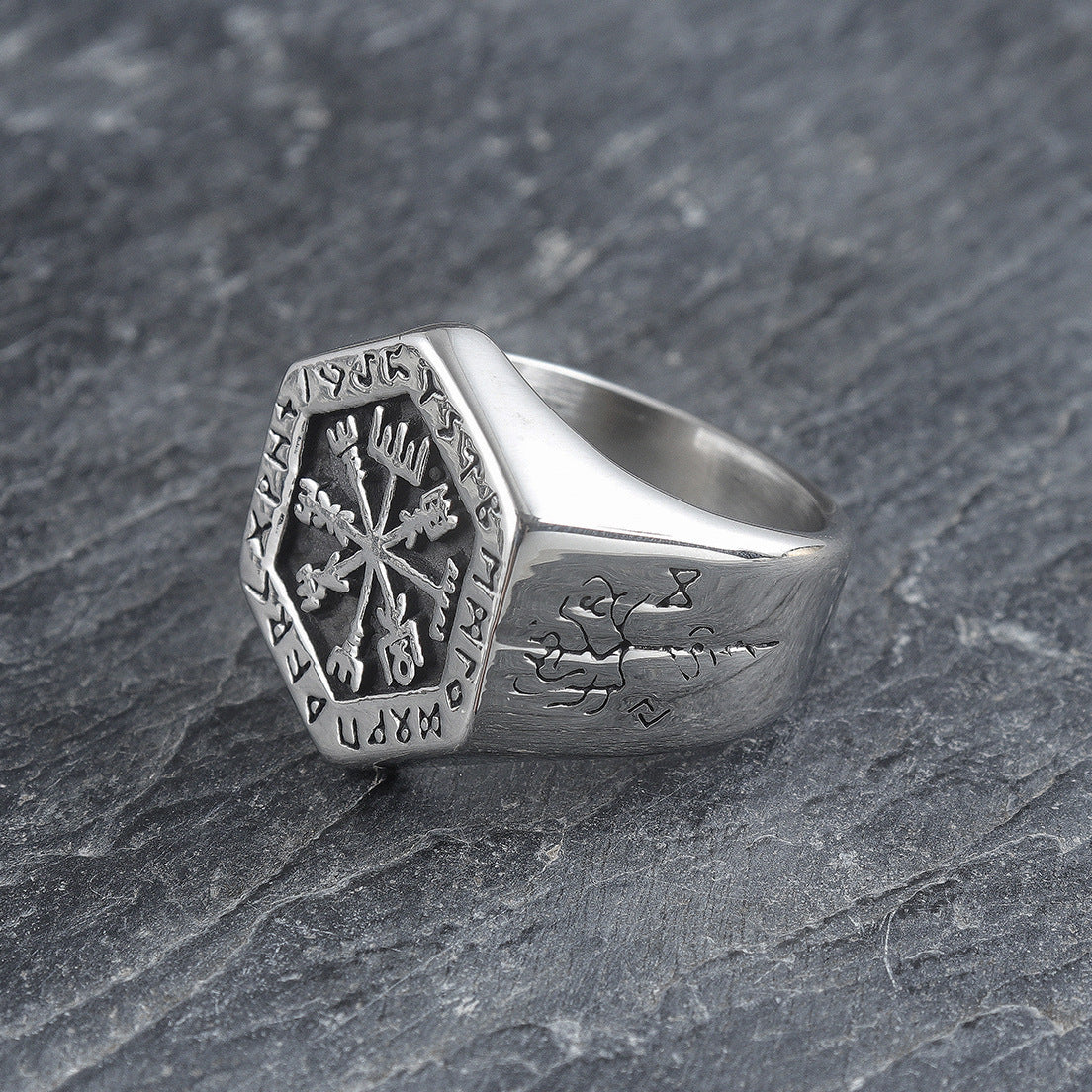 Stainless Steel Viking Compass Signet Ring with Vegvisir symbol view 2