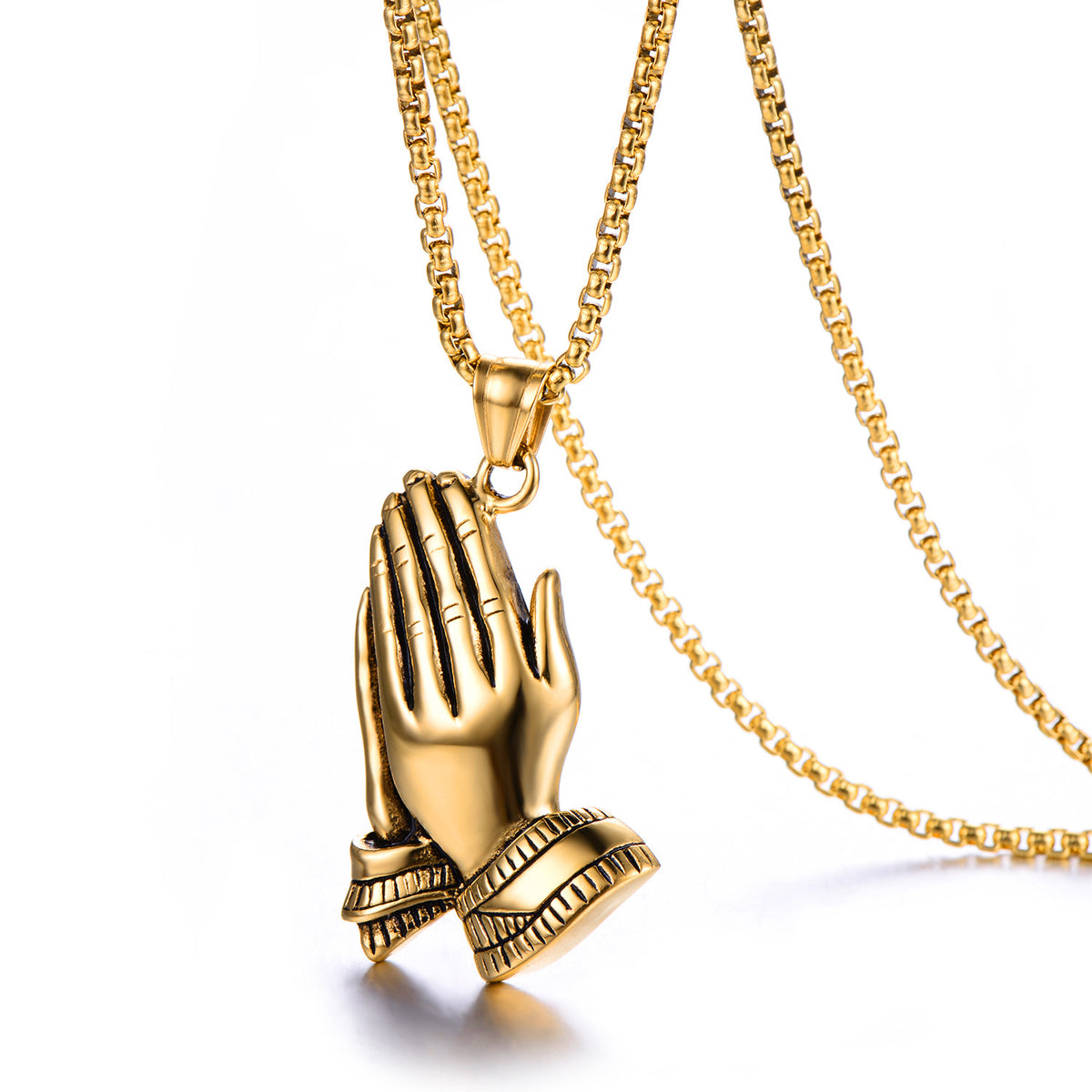 Praying Hands Pendant Necklace, gold-tone, square pearl chain