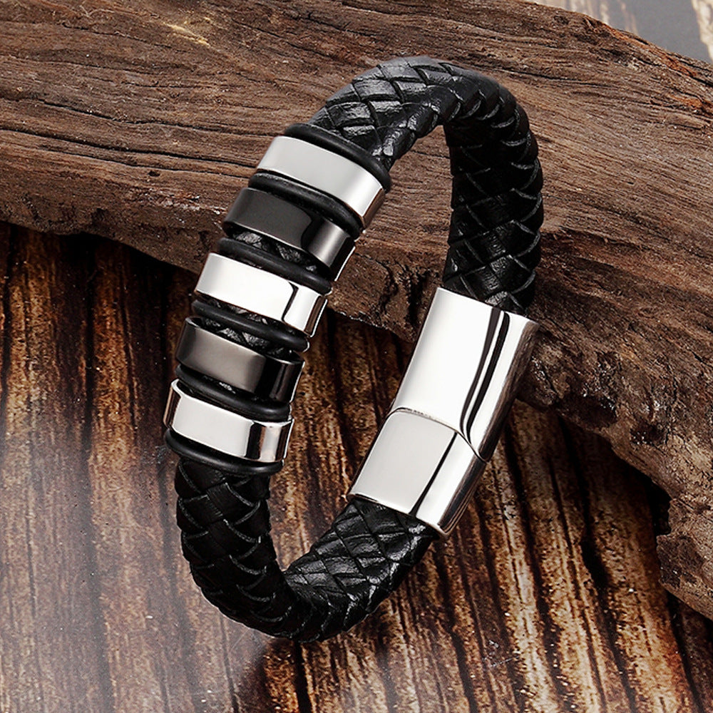 Braided Leather Two-Tone Bar Bracelet with gold-tone finish view 3