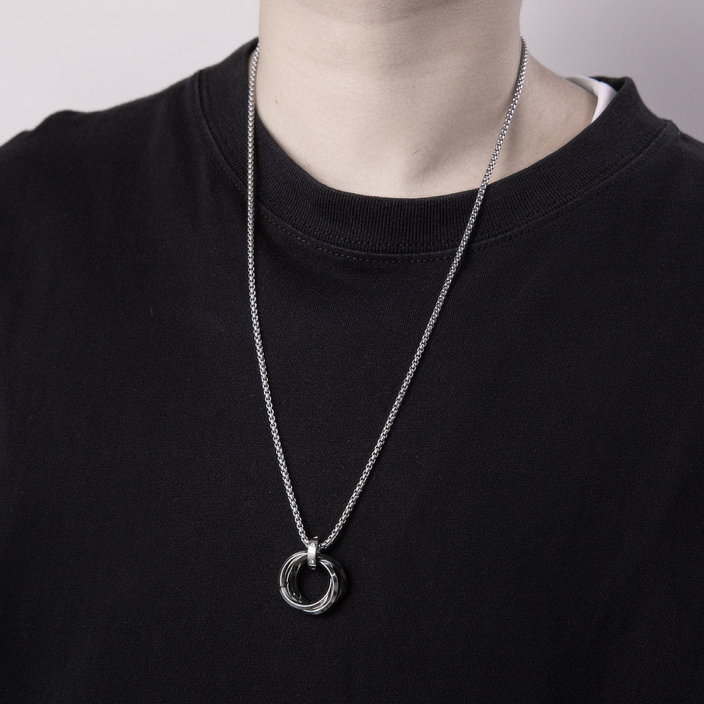 Titanium Steel Geometric Interlocking Ring Pendant Necklace, black and silver rings view 4