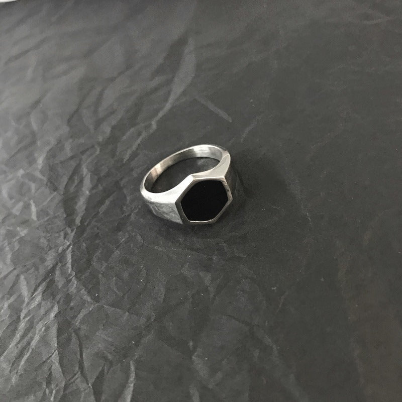 Titanium Steel Hexagonal Black Inlay Ring, geometric design view 2