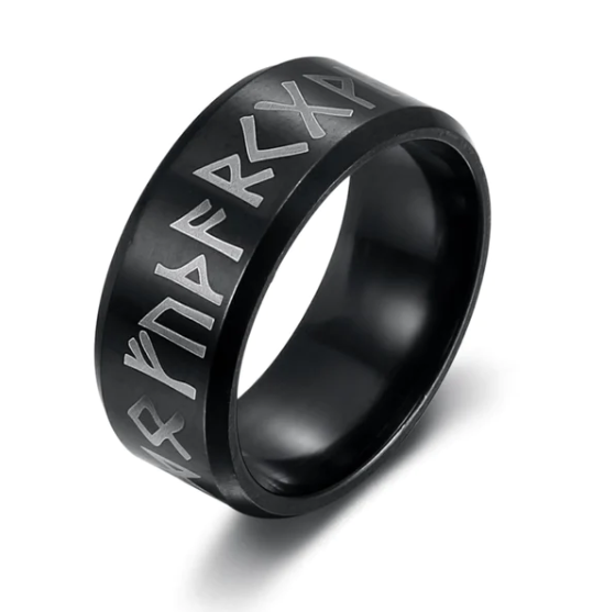 8mm Black Stainless Steel Rune Ring with etched symbols