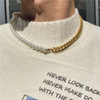 The Half Pearl Cuban Chain Necklace in Titanium Steel, view 3