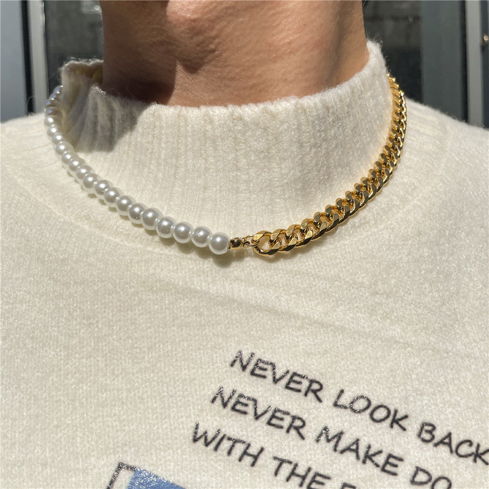 The Half Pearl Cuban Chain Necklace in Titanium Steel, view 3