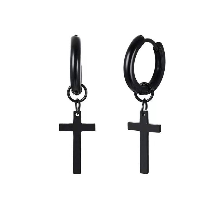 Titanium Steel Cross Dangle Hoop Earrings, silver, gold, black view 3