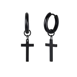 Titanium Steel Cross Dangle Hoop Earrings, silver, gold, black view 3