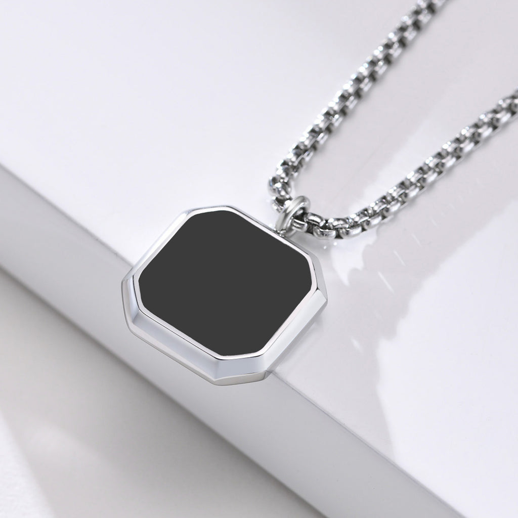 Titanium Steel Geometric Black Pendant Necklace, silver-tone with black center